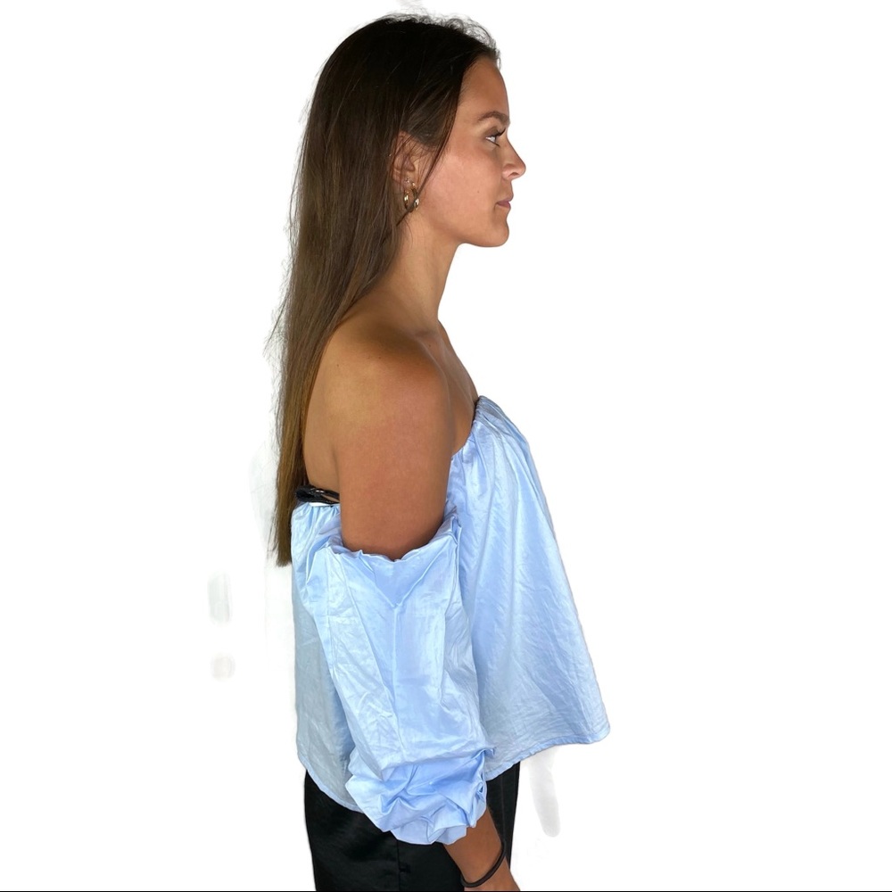 Aqua Crop Top Sky Blue light Cotton With One Off Shoulder Sleeve Size Small - Picture 3 of 16